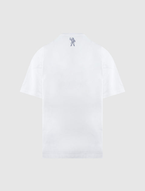 White short sleeve streetwear t-shirt with small astronaut graphic on back neck