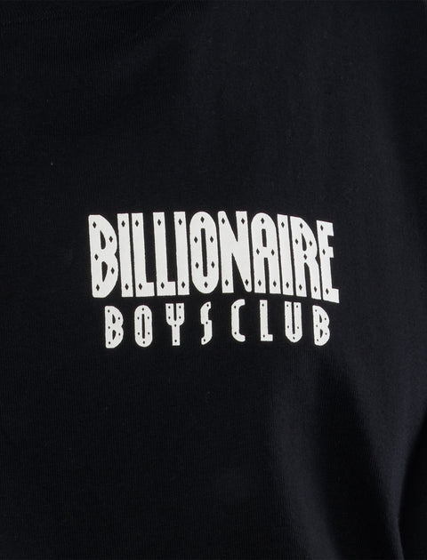 Close-up of black t-shirt with Billionaire Boys Club white logo graphic.