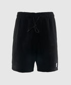 Black fleece men's shorts with drawstring waist and small white logo on left leg