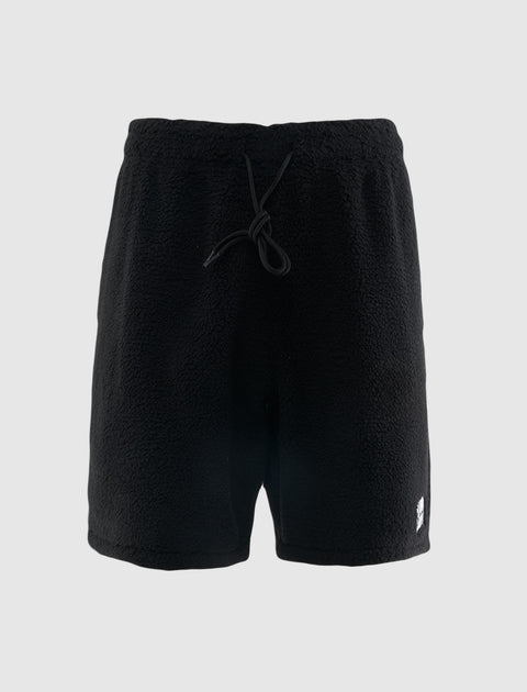 Black fleece men's shorts with drawstring waist and small white logo on left leg