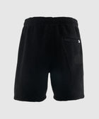 Men's black fleece shorts with elastic waistband and back pocket, streetwear style