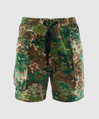 Men's green and brown camouflage cargo shorts with drawstring waist and side pockets