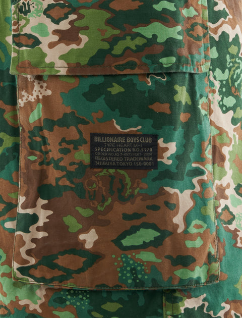 Green and brown camo cargo pocket with Billionaire Boys Club label patch