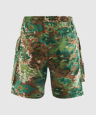 Back view of green and brown camo cargo shorts with side pockets, men's streetwear style