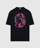 Black streetwear t-shirt with large pink astronaut helmet graphic on front