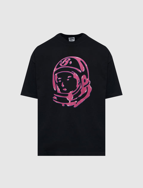 Black streetwear t-shirt with large pink astronaut helmet graphic on front