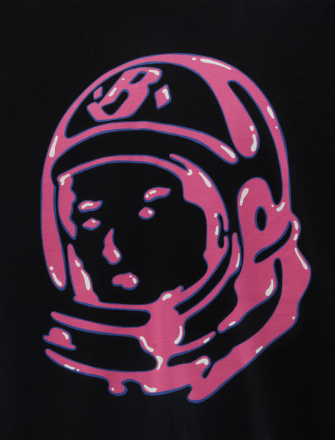 Black streetwear t-shirt featuring a bold pink graphic of an astronaut helmet