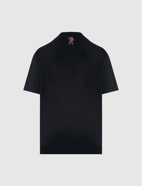Black short sleeve streetwear t-shirt with small pink astronaut graphic on upper back