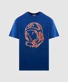 Blue streetwear t-shirt with large orange astronaut graphic on front
