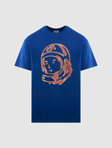 Blue streetwear t-shirt with large orange astronaut graphic on front