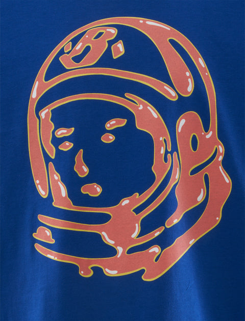 Blue t-shirt with bold orange astronaut helmet graphic streetwear design