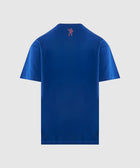 Back of blue men's streetwear t-shirt with small astronaut graphic near neck
