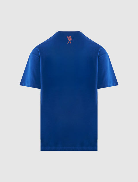 Back of blue men's streetwear t-shirt with small astronaut graphic near neck