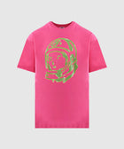 Hot pink men's streetwear t-shirt with bold neon green astronaut helmet graphic on chest