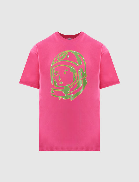 Hot pink men's streetwear t-shirt with bold neon green astronaut helmet graphic on chest