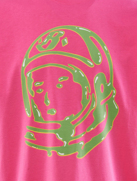 Pink streetwear t-shirt with green graphic astronaut helmet design on chest