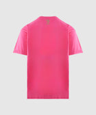 Back view of men's bright pink short sleeve streetwear t-shirt with small graphic on neck