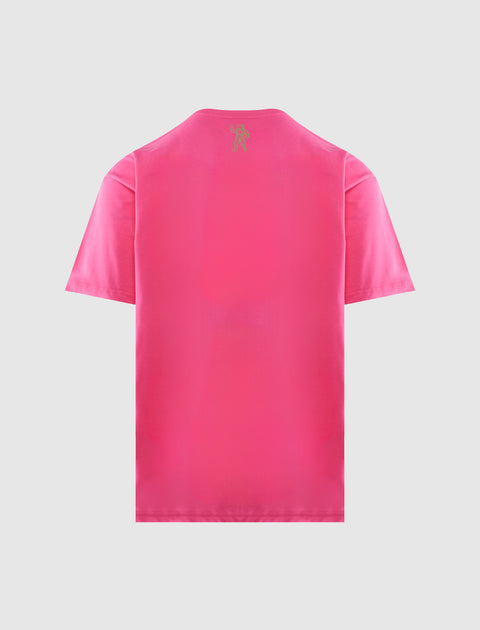 Back view of men's bright pink short sleeve streetwear t-shirt with small graphic on neck
