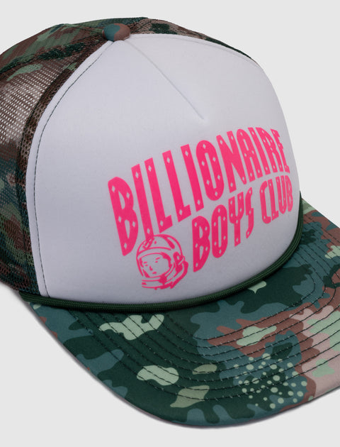 Camo mesh trucker hat with pink Billionaire Boys Club logo and astronaut graphic on front