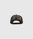 Back view of camo mesh snapback hat with adjustable closure on white background