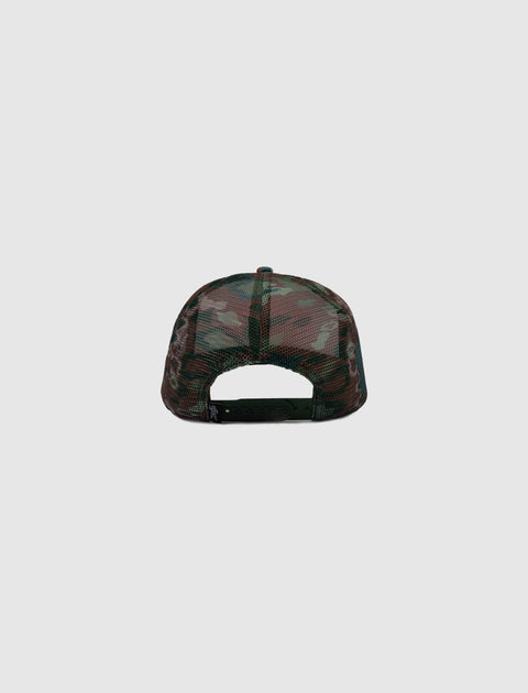 Back view of camo mesh snapback hat with adjustable closure on white background