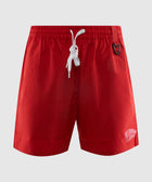 Men’s red swim shorts with white drawstring, front logo, and buckle detail