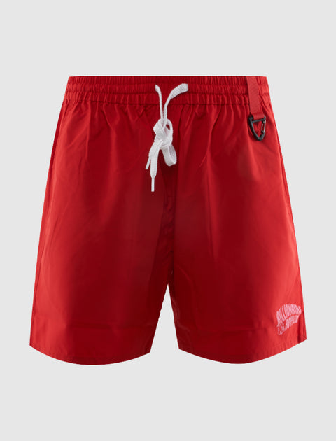 Men’s red swim shorts with white drawstring, front logo, and buckle detail