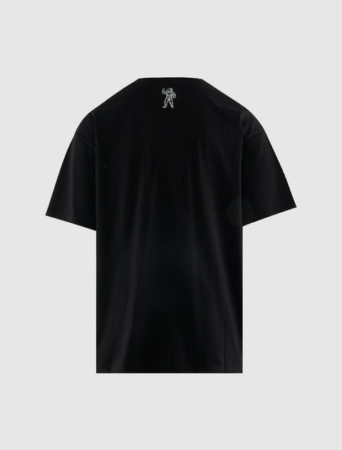 Back view of black men's streetwear t-shirt with small astronaut graphic on upper back