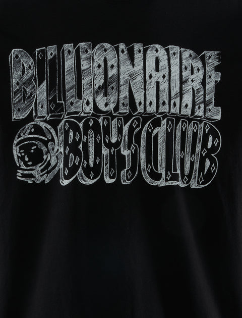 Black streetwear t-shirt with bold white Billionaire Boys Club logo graphic on chest