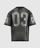 Black mesh short sleeve top with large white 03 print on the back and sleeves, streetwear style