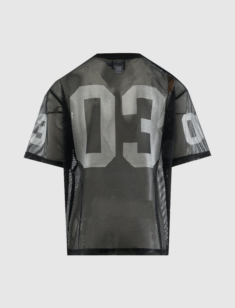 Black mesh short sleeve top with large white 03 print on the back and sleeves, streetwear style