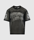 Black mesh short-sleeve streetwear shirt with bold white graphic text on front and sleeves