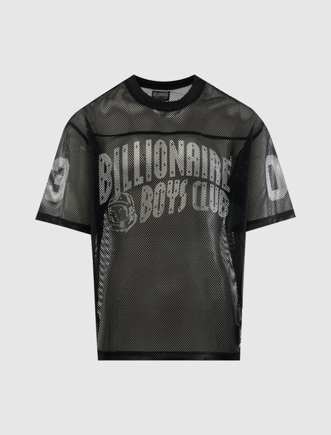 Black mesh short-sleeve streetwear shirt with bold white graphic text on front and sleeves