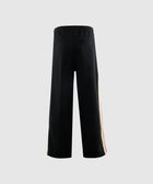 Black wide-leg track pants with side stripes and single back pocket, rear view