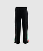 Black men's track pants with green, white, and red side stripes, streetwear style.