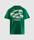 Green streetwear t-shirt with white vinyl record graphic and inspirational quote on back