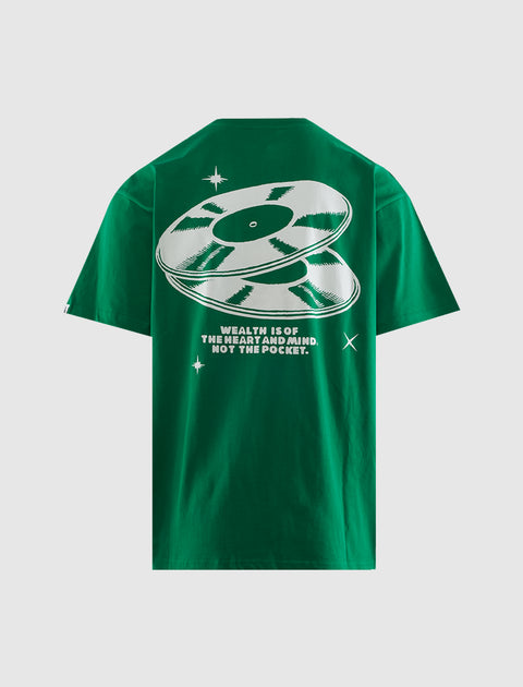 Green streetwear t-shirt with white vinyl record graphic and inspirational quote on back