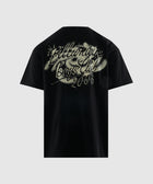 Black streetwear t-shirt with bold graphic logo and script on the back