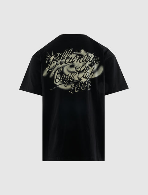 Black streetwear t-shirt with bold graphic logo and script on the back