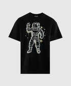 Black streetwear t-shirt with white astronaut graphic and star accents on front