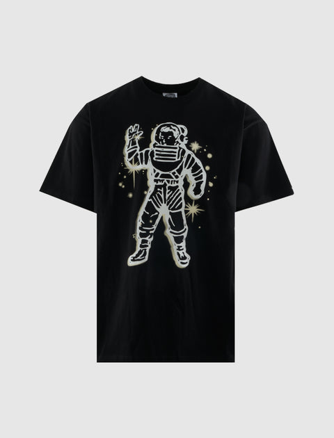 Black streetwear t-shirt with white astronaut graphic and star accents on front