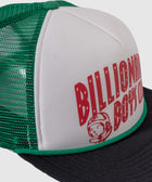 Green mesh and black bill trucker cap with astronaut and red graphic text on white front