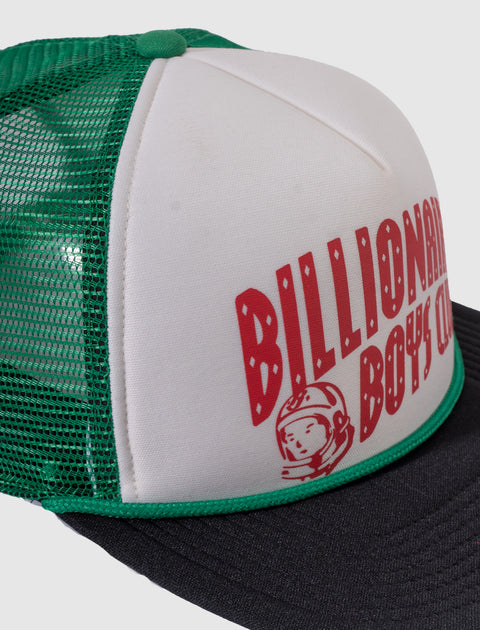 Green mesh and black bill trucker cap with astronaut and red graphic text on white front