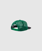 Green mesh trucker hat with black brim, adjustable snapback, rear view on white background