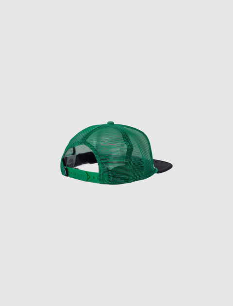 Green mesh trucker hat with black brim, adjustable snapback, rear view on white background