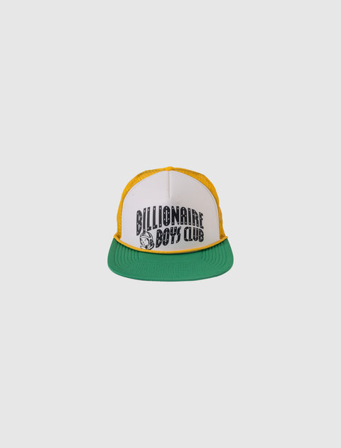 White and yellow trucker hat with green brim and bold Billionaire Boys Club logo on front