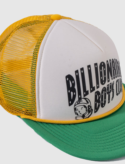 Yellow mesh and green brim trucker hat with graphic text and cartoon astronaut on front panel