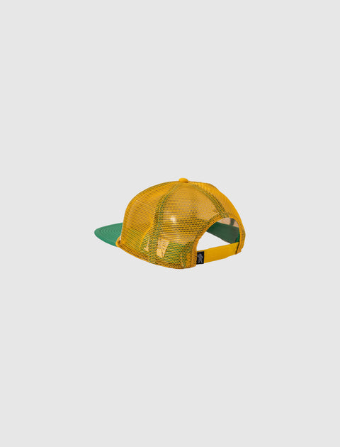 Back view of green and yellow mesh trucker hat with adjustable snapback closure
