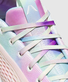 Close-up of pastel gradient sneaker with textured sole and multicolored laces