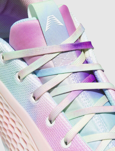 Close-up of pastel gradient sneaker with textured sole and multicolored laces